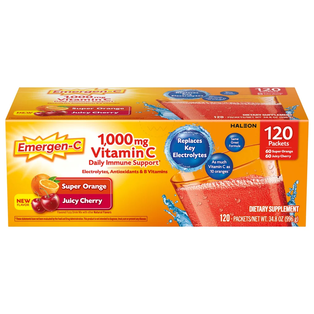 Emergen-C 1000 mg Vitamina C Paquete variado de apoyo inmunológico diario Mezcla de bebidas, 120 paquetes