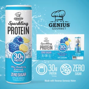 Genius Gourmet Sparkling Clear 30g de proteína, limonada de frambuesa azul, 12 onzas líquidas, paquete de 15