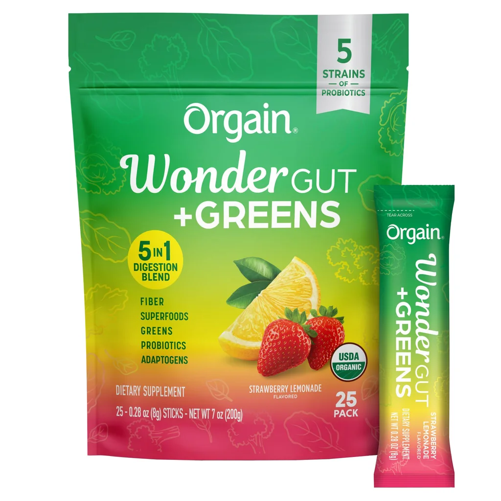 Orgain Wonder Gut Greens, limonada de fresa, 25 paquetes de palitos