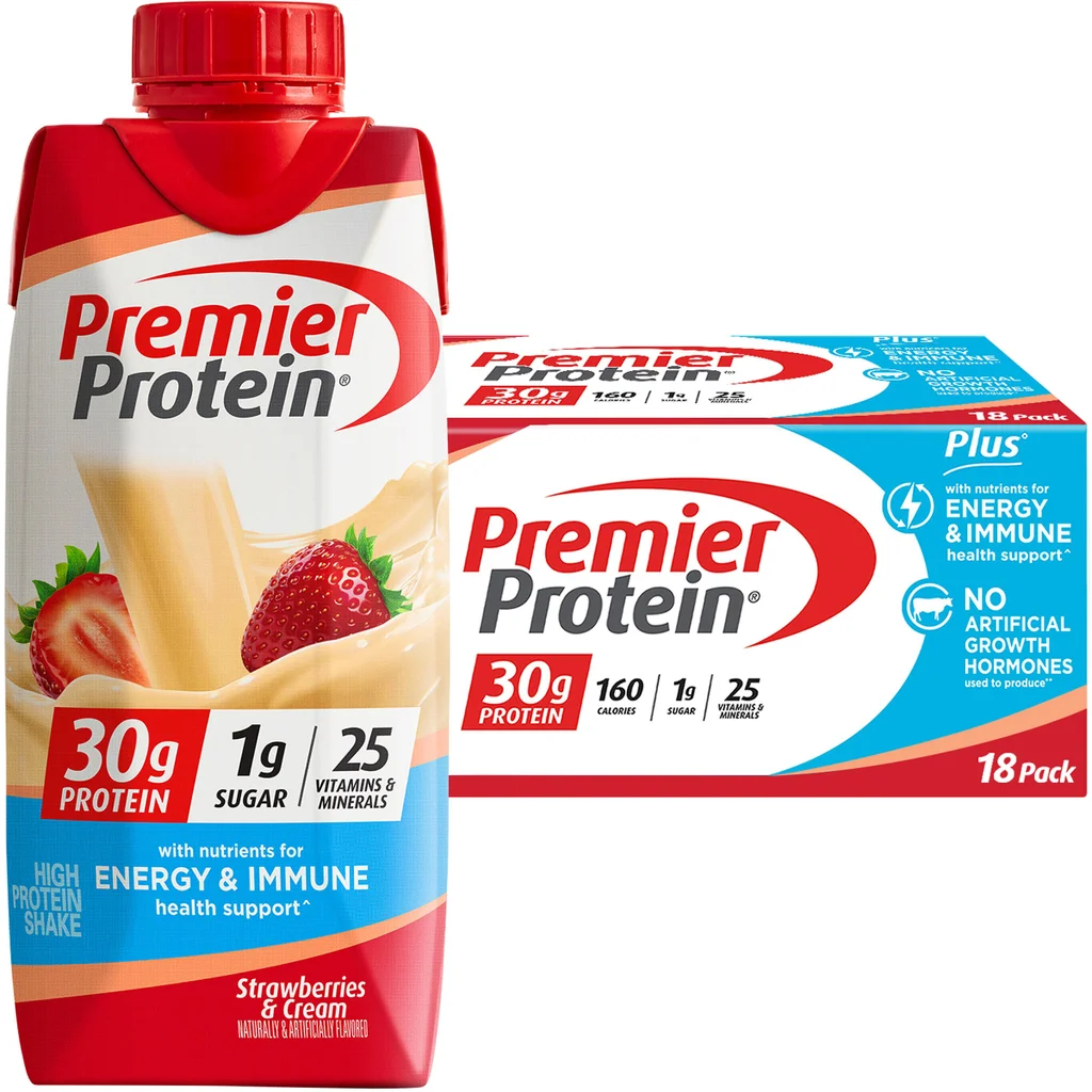 Premier 30g Protein PLUS Batidos de soporte energético e inmunológico, fresas y crema, 11 onzas líquidas, paquete de 18 | importado de USA